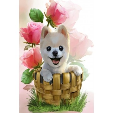 Набір алмазної мозаїки 20х30 Собачка у квітах DT722