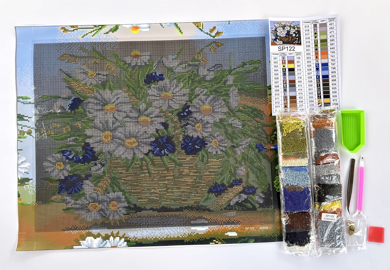 Алмазна мозаїка 40х50 Букет ромашок і волошок SP122 - Зображення 3